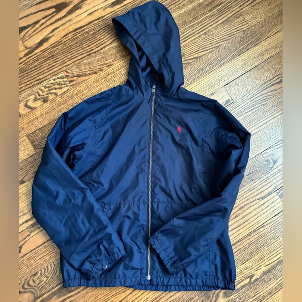 Polo Ralph Lauren Jacket Boys Medium Blue Red Pony Windbreaker Full Zip Hooded